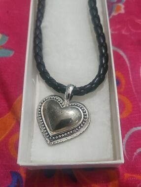 Brighton Vintage Heart Pendant Braided Black Leather Necklace - Silver Tone